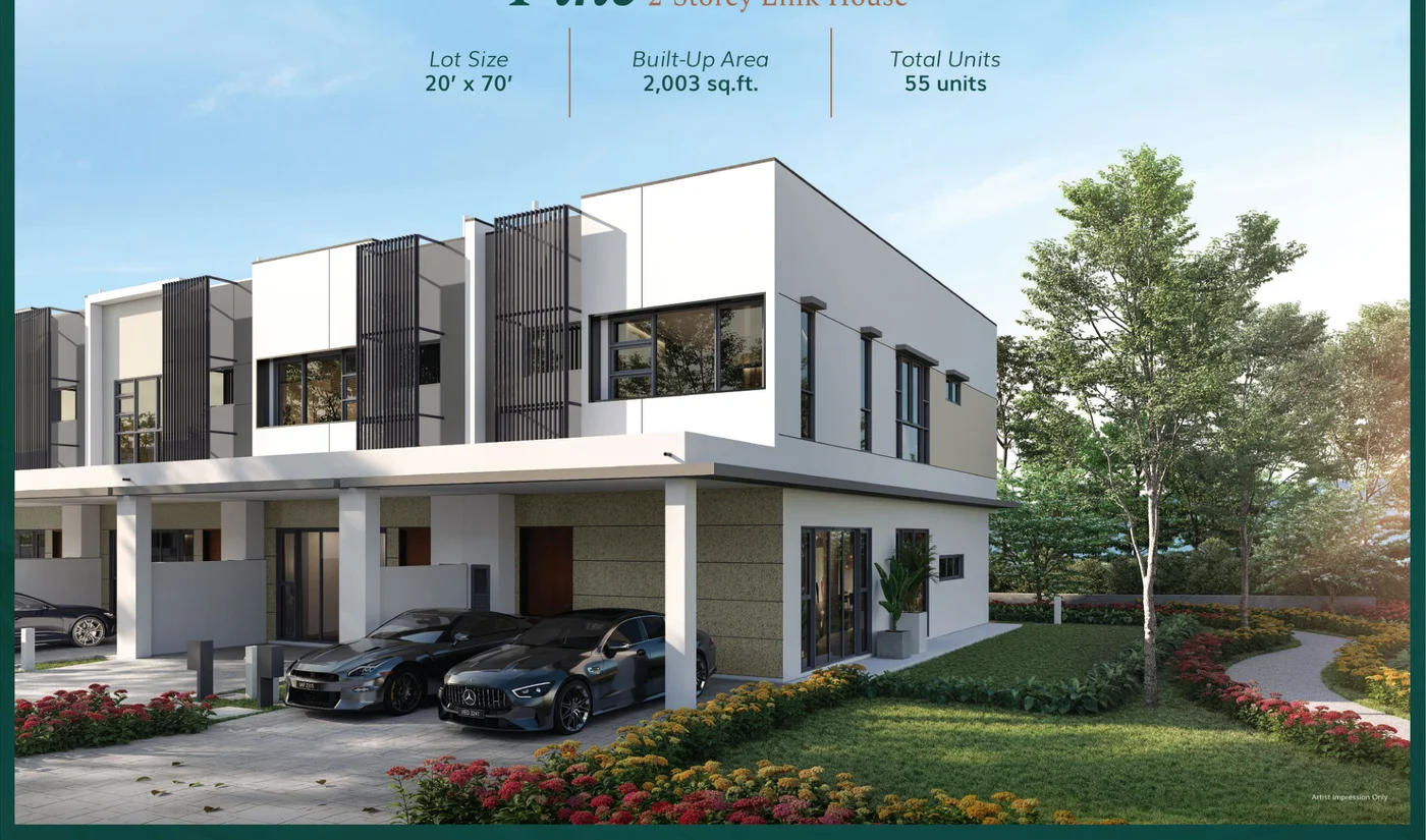 Pine 2-storey link house facade at Kew Green with dual car porch